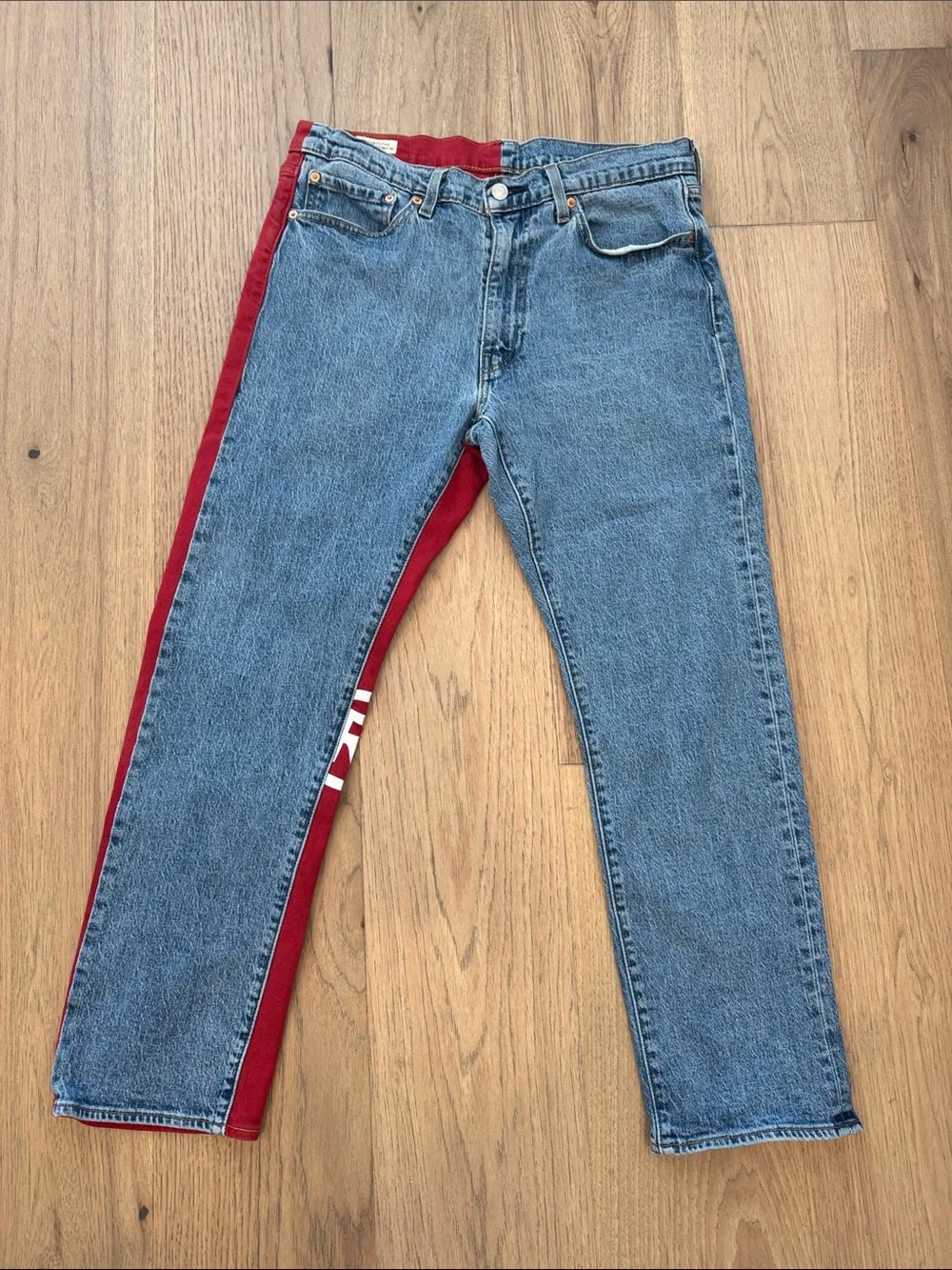 Levi’s 541 Athletic Taper Colorblock Jeans Mens W34 L30 Logo Spellout Red/Denim